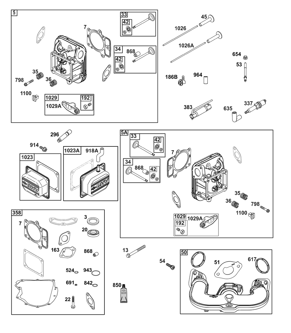 Cylinder Head Group Diagram and Parts List for 44U777-0013-B5 400000 - 699999 Briggs and Stratton Engine